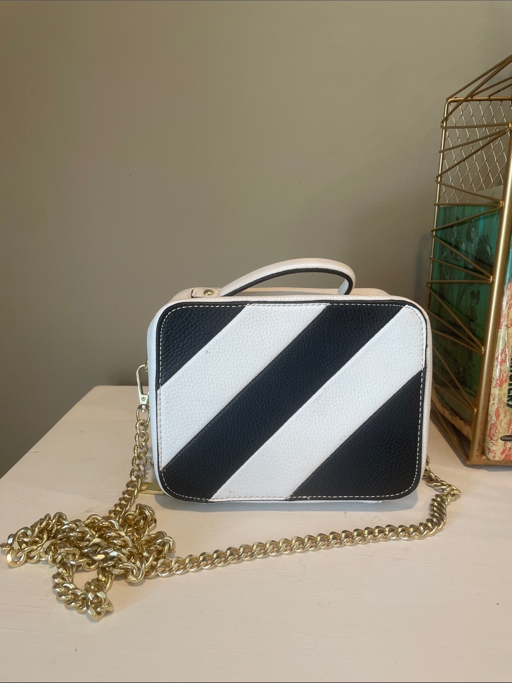 Striped Black and White Crossbody Bag with Gold Chain